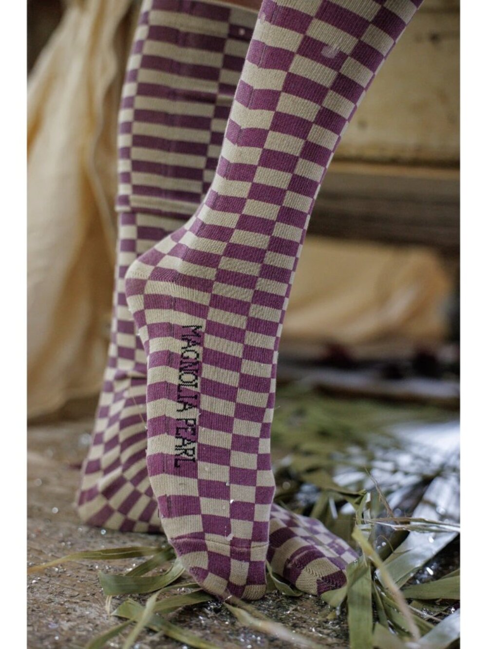 Magnolia Pearl Checkered Over-The-Knee Socks Purple & Cream Cotton Spandex Distr